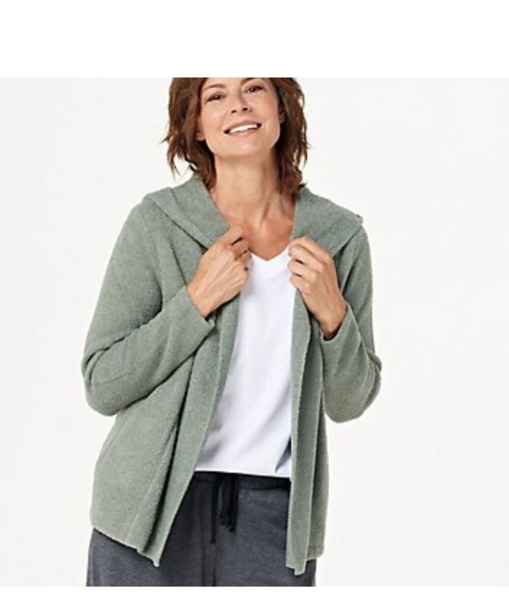 Barefoot Dreams Cozychic Light Hooded Open Front Cardigan Pale Moss Green size X